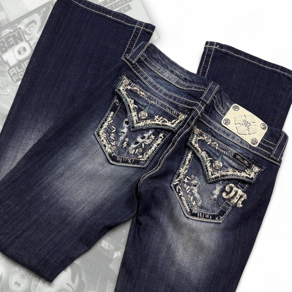 Vintage Y2K Low Rise Thick Stitched Western Dark Blue Miss Me Bootcut Jeans